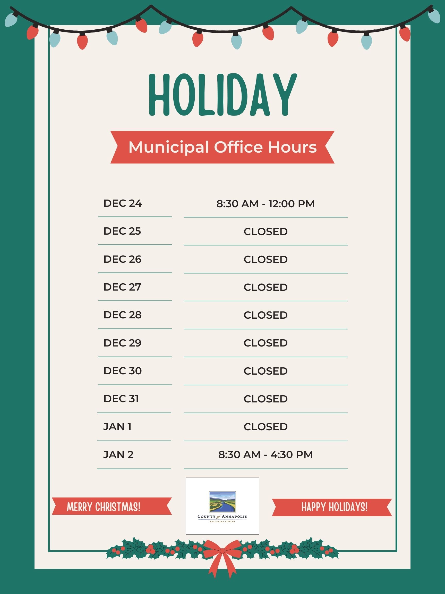2025 Municipal Office Holiday Hours Poster