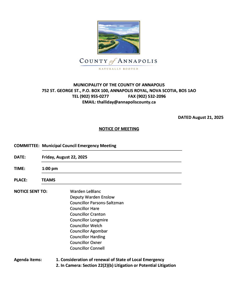 Notice of Emergency Council Meeting Aug 22 25