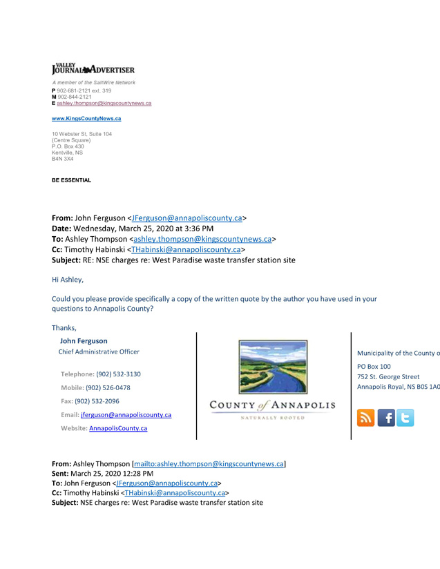 Email stream Between the Valley Register, the Department of Environment, and Annapolis County 8